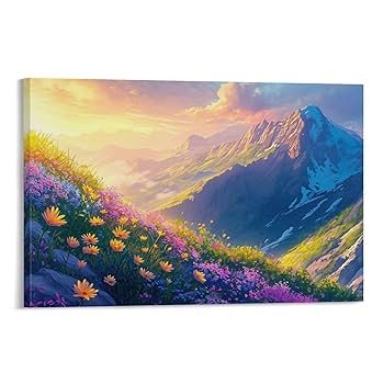 Amazon.co.jp: 絵画 夕暮れの山と花インテリア 絵画 美しい自然
